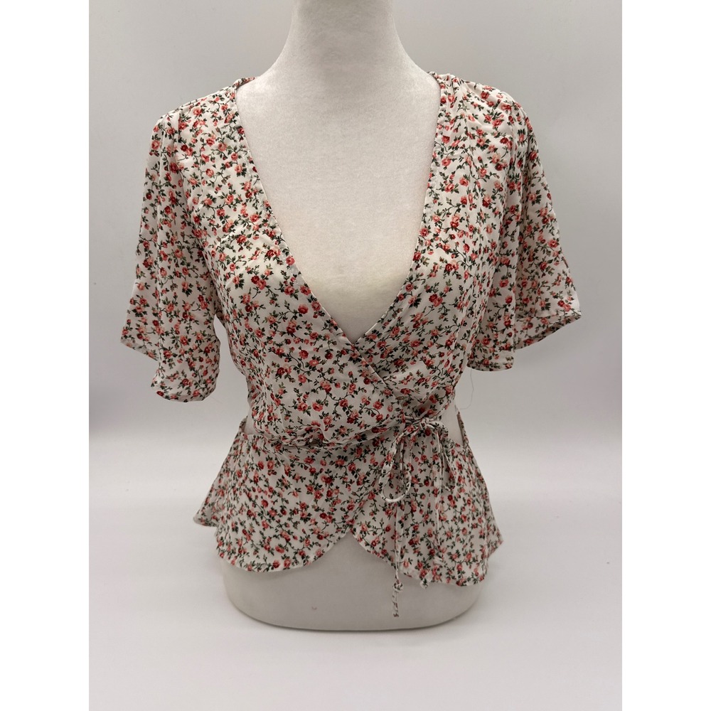 Honey Punch Floral Wrap Blouse Open Back Tie Waist Peplum Top NWT Size S